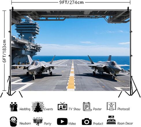 Aircraft Carrier Backdrop Air Combat Fighter Military Theme Photography Background Air Combat Fighter on Aircraft Carrier for Party Decoration Banner Photo Booth Studio Props 7x5ft FU016YL in Saudi Arabia