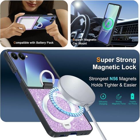 Fingic for Samsung Galaxy Z Flip 7 Case[Compatible with Mag-Safe][with 360° Rotatable Invisible Ring Holder Stand] Glitter Sparkle PU Leather Slim Thin Shockproof Cover for Girls Women,6.9",Rose Gold in Saudi Arabia