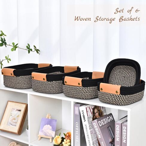Storage Basket Set of 6 - 4 with Leather Handle & 2 Small Gift Baskets - Woven Storage Cotton Rope Basket for Organizing, Rectangle Bins for Shelves, Nursery, Dog Toy, Bathroom in Kuwait