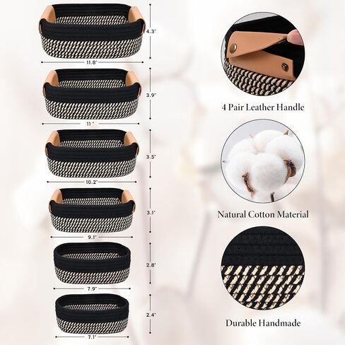 Storage Basket Set of 6 - 4 with Leather Handle & 2 Small Gift Baskets - Woven Storage Cotton Rope Basket for Organizing, Rectangle Bins for Shelves, Nursery, Dog Toy, Bathroom in Kuwait