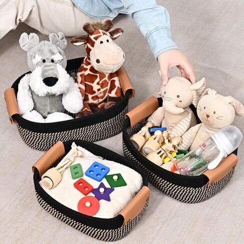 Storage Basket Set of 6 - 4 with Leather Handle & 2 Small Gift Baskets - Woven Storage Cotton Rope Basket for Organizing, Rectangle Bins for Shelves, Nursery, Dog Toy, Bathroom in Kuwait