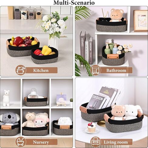 Storage Basket Set of 6 - 4 with Leather Handle & 2 Small Gift Baskets - Woven Storage Cotton Rope Basket for Organizing, Rectangle Bins for Shelves, Nursery, Dog Toy, Bathroom in Kuwait