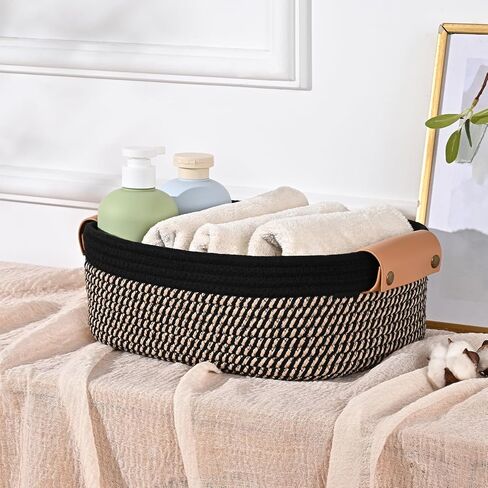 Storage Basket Set of 6 - 4 with Leather Handle & 2 Small Gift Baskets - Woven Storage Cotton Rope Basket for Organizing, Rectangle Bins for Shelves, Nursery, Dog Toy, Bathroom in Kuwait