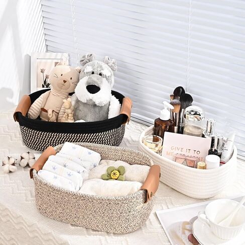 Storage Basket Set of 6 - 4 with Leather Handle & 2 Small Gift Baskets - Woven Storage Cotton Rope Basket for Organizing, Rectangle Bins for Shelves, Nursery, Dog Toy, Bathroom in Kuwait