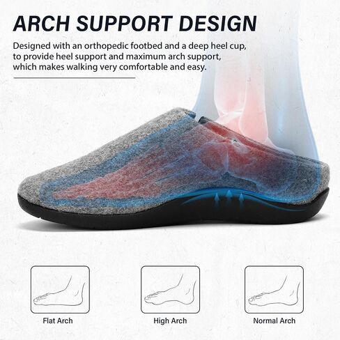 ERGOfoot House Slippers With Arch Support, Orthopedic Slipper for Plantar Fasciitis Pain Relief, Comfy Wool Felt Clog Shoes for Women and Men with Non-Slip Indoor Outdoor, Black W11/ M10 in Kuwait