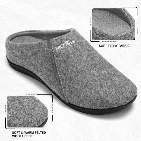 ERGOfoot House Slippers With Arch Support, Orthopedic Slipper for Plantar Fasciitis Pain Relief, Comfy Wool Felt Clog Shoes for Women and Men with Non-Slip Indoor Outdoor, Black W11/ M10 in Kuwait