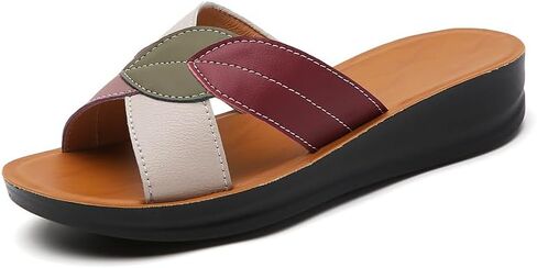 Womens Wedge Sandal - لون كتلة ورقة نمط مفتوح إصبع القدم مريح فو فو الصيف النعال غير الرسمي in Kuwait
