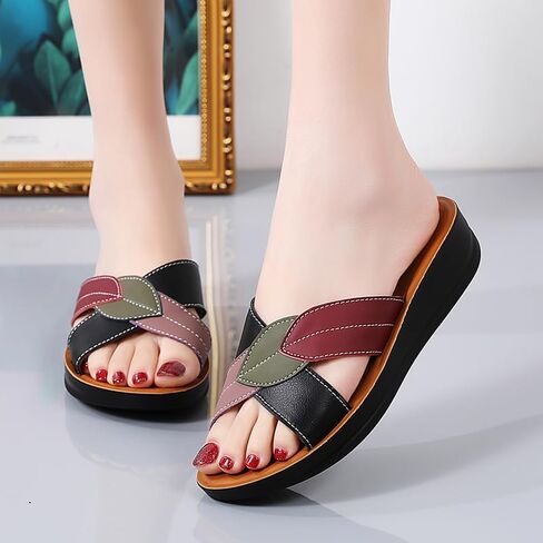 Womens Wedge Sandal - Color Block Leaf Pattern Open Toe Comfortable Faux Leather Summer Casual Slipper in Saudi Arabia