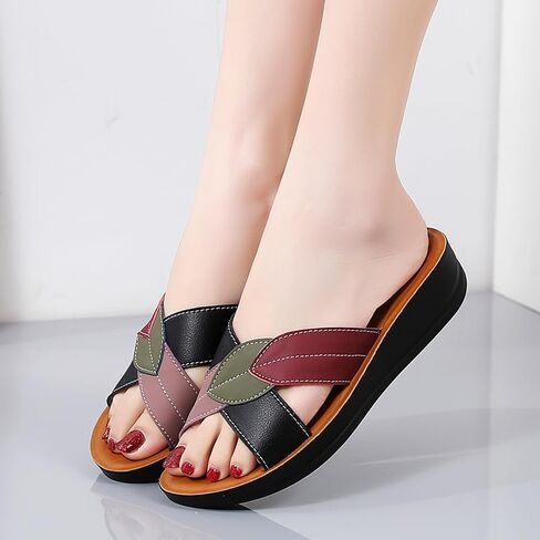 Womens Wedge Sandal - Color Block Leaf Pattern Open Toe Comfortable Faux Leather Summer Casual Slipper in Saudi Arabia