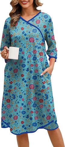 ثوب نوم للنساء للنساء من القطن ، فستان 3/4 أكمامات ليلية ، قميص نوم ، قميص نوم ، ملابس نوم ، مع جيوب in Kuwait