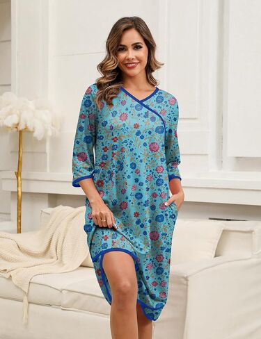 ثوب نوم للنساء للنساء من القطن ، فستان 3/4 أكمامات ليلية ، قميص نوم ، قميص نوم ، ملابس نوم ، مع جيوب in Kuwait