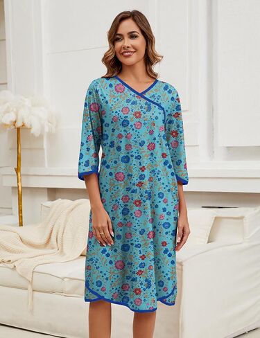 ثوب نوم للنساء للنساء من القطن ، فستان 3/4 أكمامات ليلية ، قميص نوم ، قميص نوم ، ملابس نوم ، مع جيوب in Kuwait