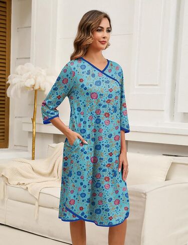 ثوب نوم للنساء للنساء من القطن ، فستان 3/4 أكمامات ليلية ، قميص نوم ، قميص نوم ، ملابس نوم ، مع جيوب in Kuwait