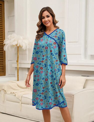 ثوب نوم للنساء للنساء من القطن ، فستان 3/4 أكمامات ليلية ، قميص نوم ، قميص نوم ، ملابس نوم ، مع جيوب in Kuwait