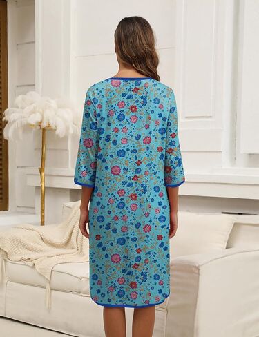 ثوب نوم للنساء للنساء من القطن ، فستان 3/4 أكمامات ليلية ، قميص نوم ، قميص نوم ، ملابس نوم ، مع جيوب in Kuwait