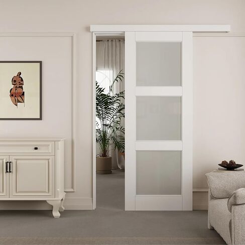 Track Hidden Style Track White Preged 3-Lite Frosted Glass Sliding Door مع مجموعة أجهزة (لا يوجد تجميع مطلوب) ， 36 '× 80' ' in Kuwait