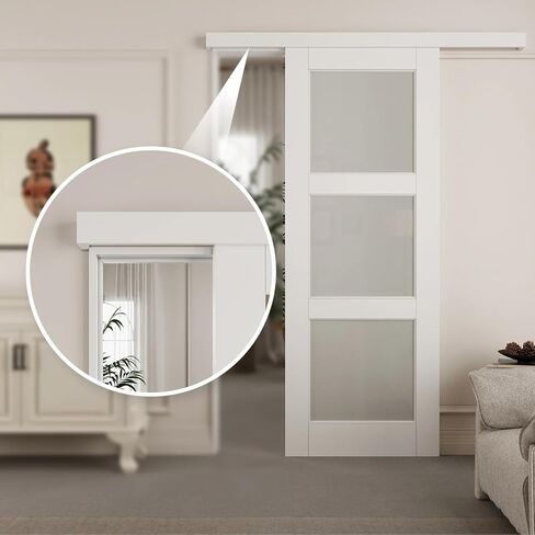 Track Hidden Style Track White Preged 3-Lite Frosted Glass Sliding Door مع مجموعة أجهزة (لا يوجد تجميع مطلوب) ， 36 '× 80' ' in Kuwait