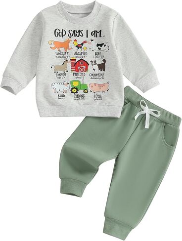 Nyapruwe Infant Baby Boy Fall Outfit Funny Print Long Sleeve Sweatshirt Joggers Pants Set Toddler Warm Winter Clothes in Kuwait