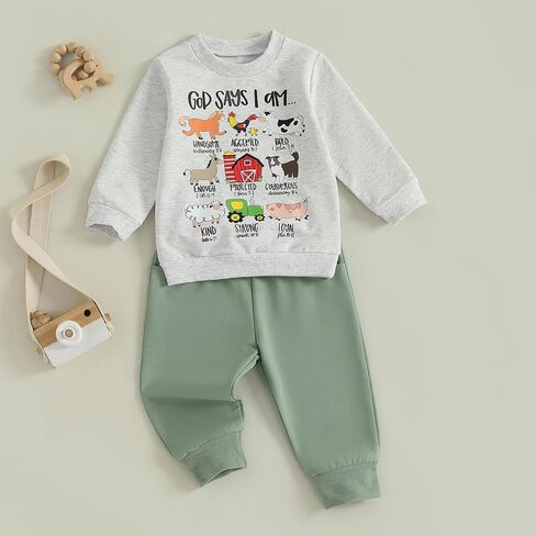Nyapruwe Infant Baby Boy Fall Outfit Funny Print Long Sleeve Sweatshirt Joggers Pants Set Toddler Warm Winter Clothes in Kuwait