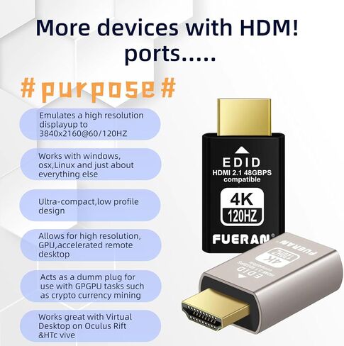 4K 120Hz HDMI 2.1 Dummy Plug – High-Resolution Virtual Display Emulator for PC, VR Headsets & Cryptocurrency Mining EDID Headless Ghost Display Adapter (8K/30Hz-4K/120Hz-1P-hui) in Saudi Arabia