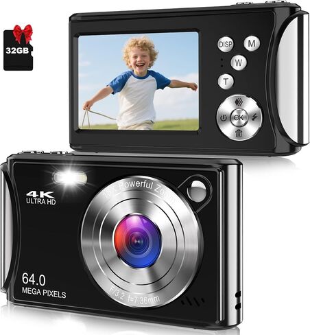 Digital Camera, Autofocus 4K Vlogging Camera for Photography, 64MP Compact Point and Shoot Digital Camera with 32GB Micro SD Card, 18X Zoom, Anti-Shake with Tripod for Teens Adult Beginner, Black in Saudi Arabia