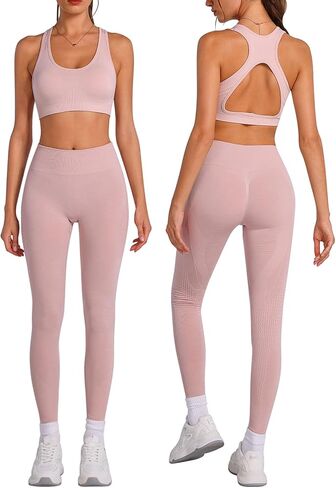 Womens Matching Workout Sets 2 Piece Yoga Outfits with Sports Bra Leggings Gym Athletic Clothing Sets in Kuwait