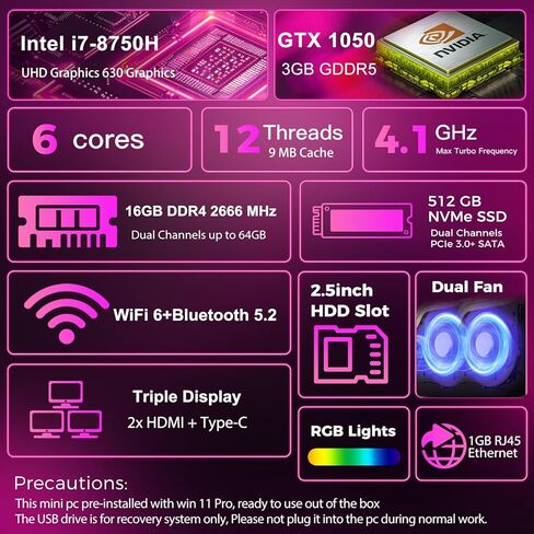 Mini Gaming PC ، Intel Core I7-8750H (8C/16T حتى 4.1 جيجا هرتز) ، GTX 1050 3G Graphics Mini Gaming Computer مع مصابيح RGB ، 16 جيجابايت DDR4 512GB SSD ، 2x HDMI + Type-C ، WIFI6 BT5.2 ، ورب 11 Pro PC. in Kuwait