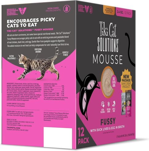 Tiki Cat Solutions Mousse Multipack Wet Cat Food, Fussy, Duck Liver & Egg, 2.4 oz. Pouch (12 Count) in Kuwait