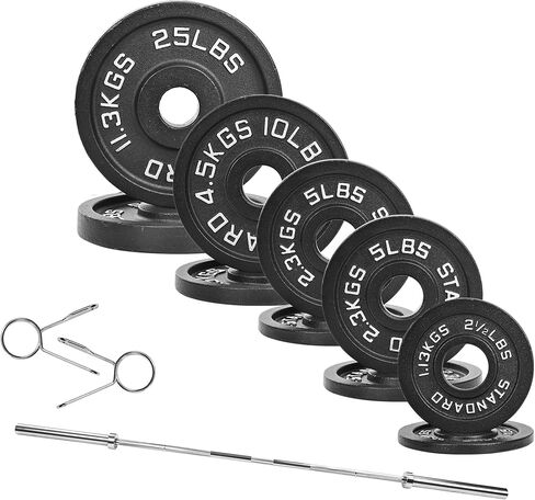 Fitvids Olympic Cast Iron 2-Inch Weight Plates Including 5FT Olympic Barbell Bar & Safely Locks, 1​10 Pounds Set (​95 Lbs Plates + 15 Lbs Barbell Bar), Multiple Packages in Saudi Arabia