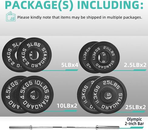 Fitvids Olympic Cast Iron 2-Inch Weight Plates Including 5FT Olympic Barbell Bar & Safely Locks, 1​10 Pounds Set (​95 Lbs Plates + 15 Lbs Barbell Bar), Multiple Packages in Saudi Arabia
