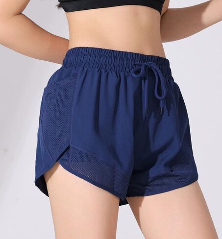 Women's Dual-Layer Quick-Dry Mesh Running Shorts with Side Pockets for Fitness High Waist in Saudi Arabia