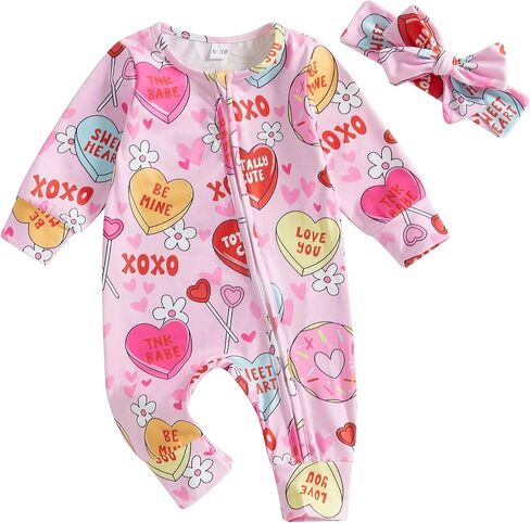Valentines Baby Girl Outfit Long Sleeve Heart Print Romper Bodysuit Jumpsuit with Headband Newborn Clothes in Saudi Arabia