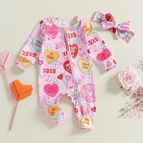 Valentines Baby Girl Outfit Long Sleeve Heart Print Romper Bodysuit Jumpsuit with Headband Newborn Clothes in Saudi Arabia