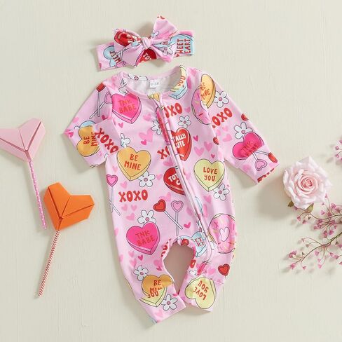 Valentines Baby Girl Outfit Long Sleeve Heart Print Romper Bodysuit Jumpsuit with Headband Newborn Clothes in Saudi Arabia