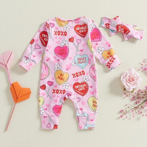 Valentines Baby Girl Outfit Long Sleeve Heart Print Romper Bodysuit Jumpsuit with Headband Newborn Clothes in Saudi Arabia