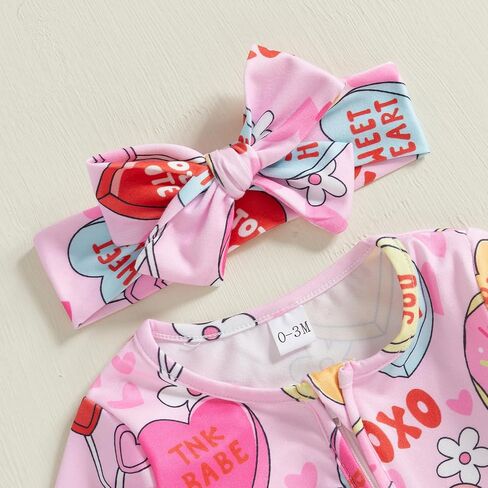 Valentines Baby Girl Outfit Long Sleeve Heart Print Romper Bodysuit Jumpsuit with Headband Newborn Clothes in Saudi Arabia