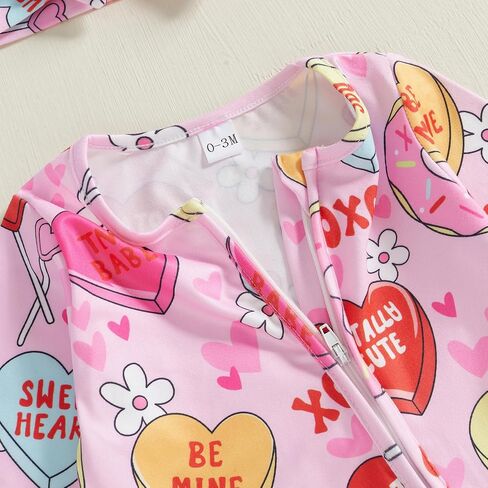 Valentines Baby Girl Outfit Long Sleeve Heart Print Romper Bodysuit Jumpsuit with Headband Newborn Clothes in Saudi Arabia