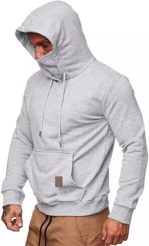 Mens Hoodies Fleece Pullover Sweatshirt with Built-in Mask and Kangaroo Pocket, Casual Athletic Drawstring Hooded Top in Saudi Arabia