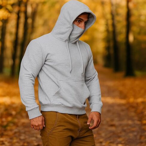 Mens Hoodies Fleece Pullover Sweatshirt with Built-in Mask and Kangaroo Pocket, Casual Athletic Drawstring Hooded Top in Saudi Arabia
