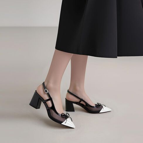 Women’s Black Pointed Toe High Heels – Elegant Mesh Bowknot Block Heel Pumps with Ankle Strap for Party Wedding Office Wear in Saudi Arabia