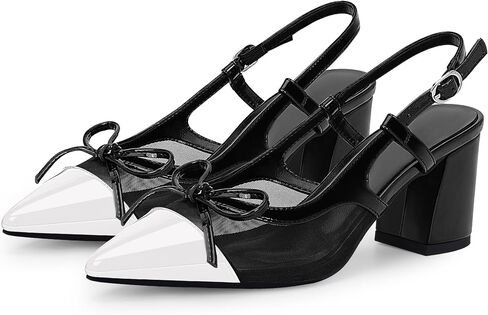 Women’s Black Pointed Toe High Heels – Elegant Mesh Bowknot Block Heel Pumps with Ankle Strap for Party Wedding Office Wear in Saudi Arabia