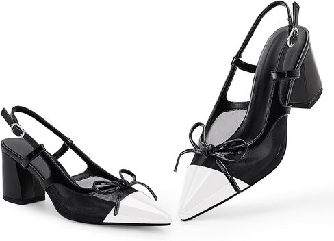 Women’s Black Pointed Toe High Heels – Elegant Mesh Bowknot Block Heel Pumps with Ankle Strap for Party Wedding Office Wear in Saudi Arabia