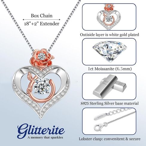 1 Carat Moissanite Necklace for Women, 925 Sterling Silver Rose Heart Pendant Necklace Lab Created Diamond Necklace, Birthday Gift Anniversary Present for Wife, Girlfriend, Daughter, Mom in Saudi Arabia