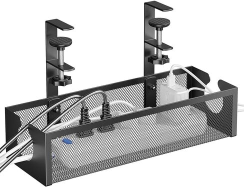 DELAMU Under Desk Cable Management Tray, No Drill Metal Mesh Cable Management Under Desk with F-Clamp Mount & 2 Open Holes, Cord Organizer for Home Office, 1 Pack, White in Kuwait