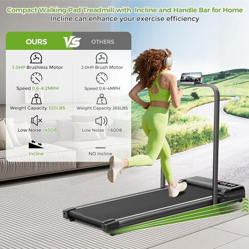 Walking Pad with Incline and Handle Bar, 3.0HP Portable Electric Treadmill with Handles for Home Small, 0.6-6.2MPH 320LB Capacity Walking Pad Treadmills with Incline in Kuwait