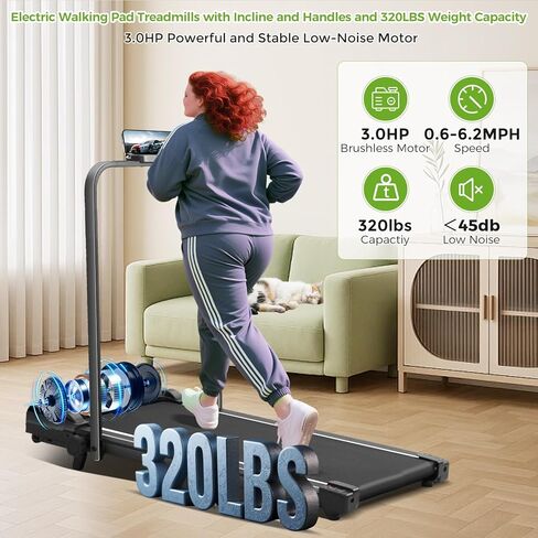 Walking Pad with Incline and Handle Bar, 3.0HP Portable Electric Treadmill with Handles for Home Small, 0.6-6.2MPH 320LB Capacity Walking Pad Treadmills with Incline in Kuwait