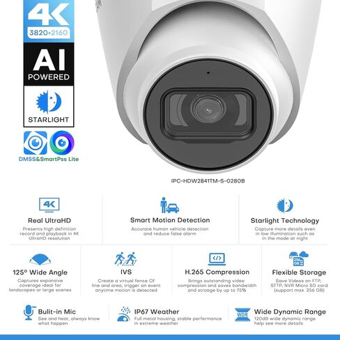 8MP IP Camera, 4K PoE Turret Outdoor Starlight Camera with Mic, Human/Vehicle Detection, IVS, Intrusion Tripwire Alarm, 2.8mm 125°Wide Angle, Metal IP67, H265+, 256GB in Kuwait