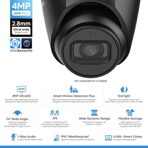 8MP IP Camera, 4K PoE Turret Outdoor Starlight Camera with Mic, Human/Vehicle Detection, IVS, Intrusion Tripwire Alarm, 2.8mm 125°Wide Angle, Metal IP67, H265+, 256GB in Kuwait