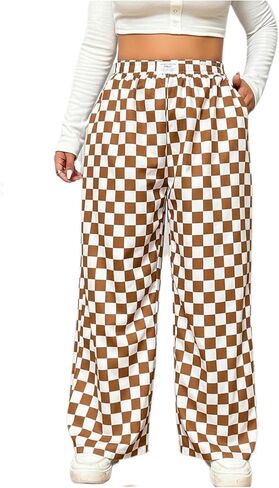 WDIRARA Women's Plus Size Checkered Baggy Pants High Waisted Wide Leg Trousers with Pockets in Saudi Arabia