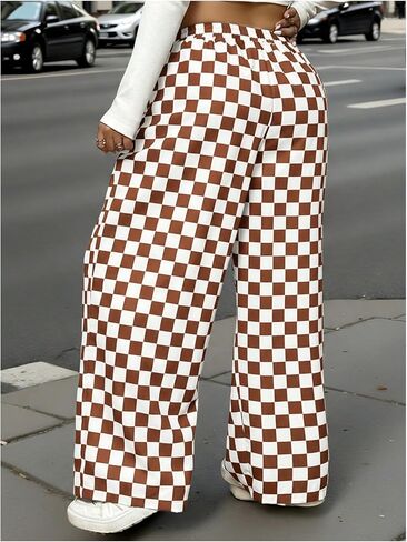 WDIRARA Women's Plus Size Checkered Baggy Pants High Waisted Wide Leg Trousers with Pockets in Saudi Arabia